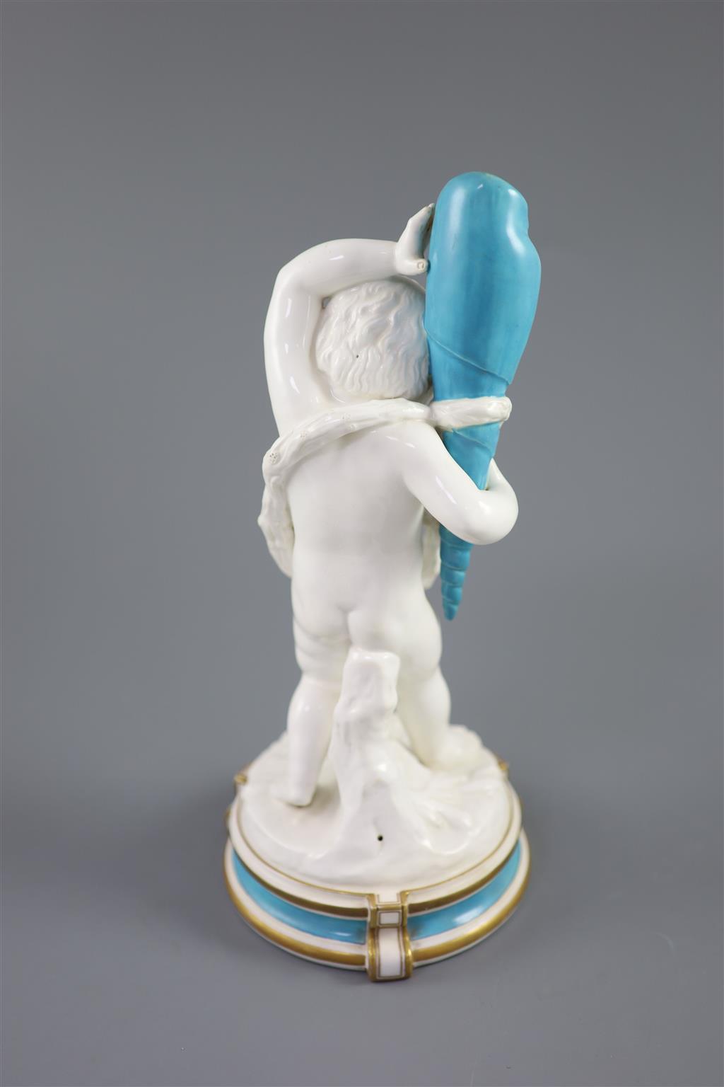 A large late 19th century French porcelain figure of Cupid, an English bone china cherub vase and a similar sweetmeat dish, tallest 3